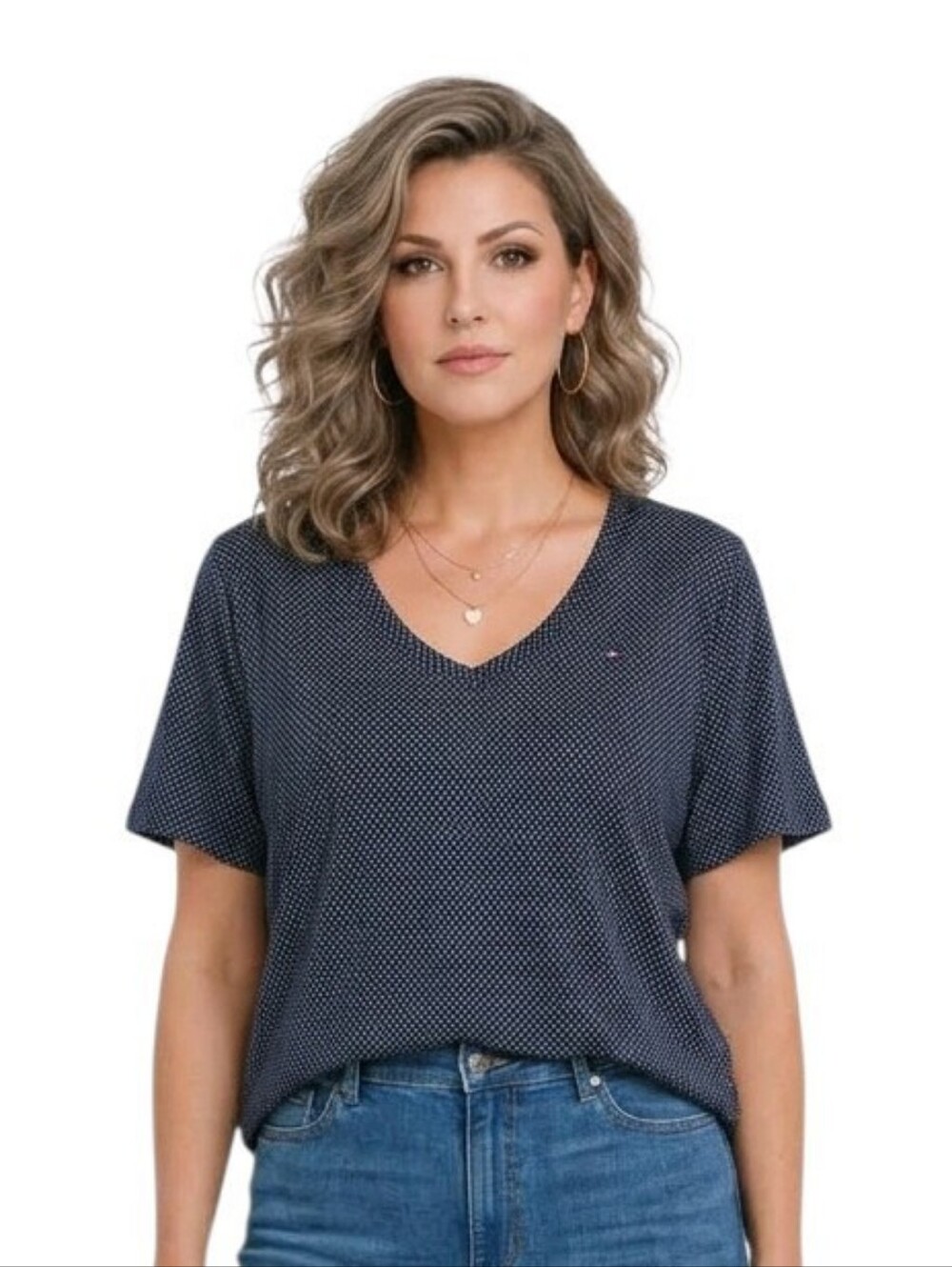 Tommy Hilfiger Navy and White Polka Dot V-Neck Short Sleeve Tee Size 2X